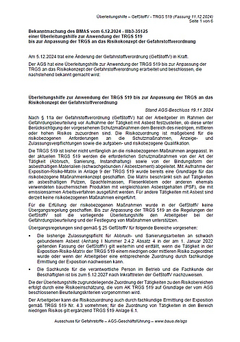 Überleitungshilfe TRGS 519 Titelseite der Überleitungshilfe GefStoffV TRGS 519