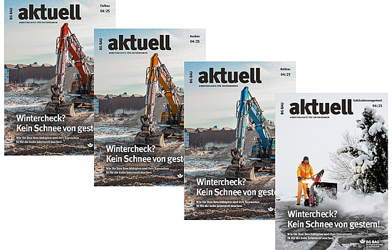 Collage der Titelbilder von BG BAU aktuell 4-2025.