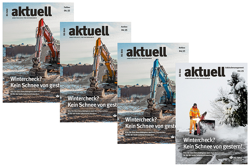 Collage der Titelbilder von BG BAU aktuell 4-2025.
