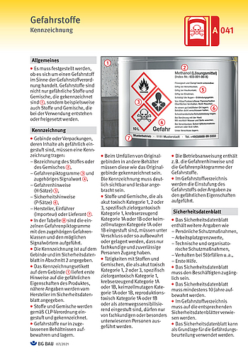 Titelbild Baustein A 041 Gefahrstoffe (Kennzeichnung/Beschäftigungsbeschränkungen)