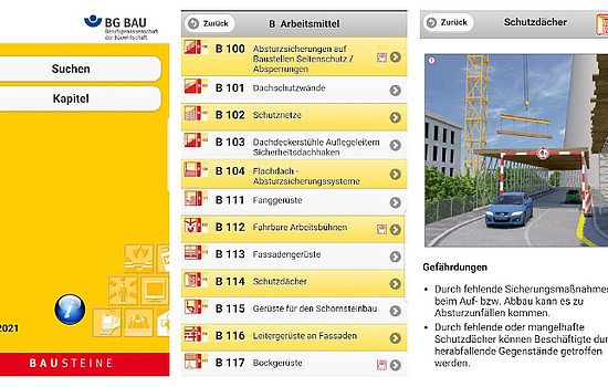 Screenshots der BG BAU Bausteine-App, Stand 2021