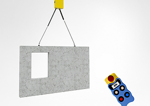 Ein Balancer hebt eine gro&szlig;e vorgefertigte Betonwand mit rechteckiger &Ouml;ffnung an zwei Ketten an. Rechts im Bild schwebt eine kabellose Steuerung mit Drucktasten und Display.