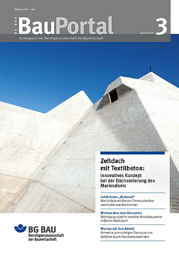 Titelseite der Zeitschrift BauPortal 3/2021 mit der Dachspitze des Mariendoms aus Beton 