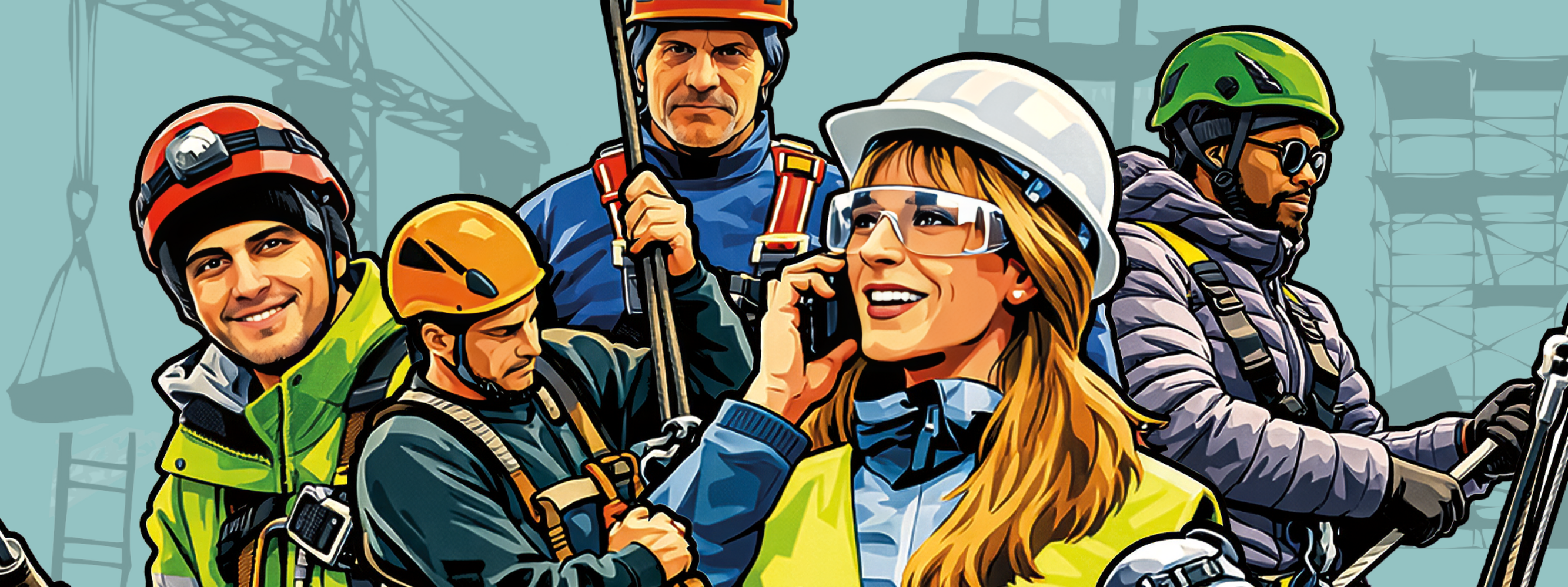 Illustration mehrerer Beschäftigter auf einer Baustelle mit persönlicher Schutzausrüstung, darunter Schutzhelme, Schutzbrillen und Auffanggurte, bei unterschiedlichen Arbeitstätigkeiten.