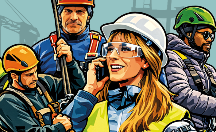 Illustration mehrerer Beschäftigter auf einer Baustelle mit persönlicher Schutzausrüstung, darunter Schutzhelme, Schutzbrillen und Auffanggurte, bei unterschiedlichen Arbeitstätigkeiten.