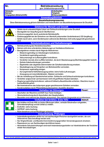 Betriebsanweisungen für Arbeitsmittel: Baustellenkompressor