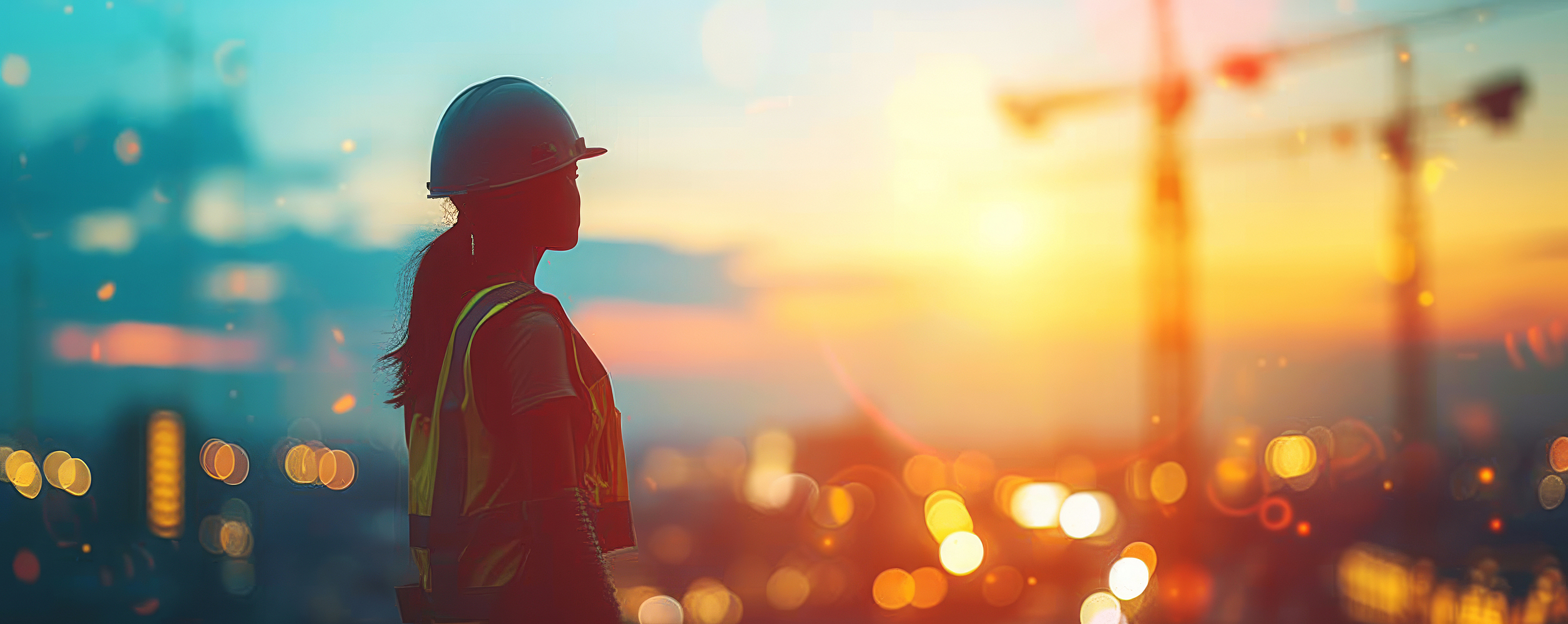 Eine Frau mit Warnkleidung und Schutzhelm schaut auf eine Baustelle im Sonnenuntergang.