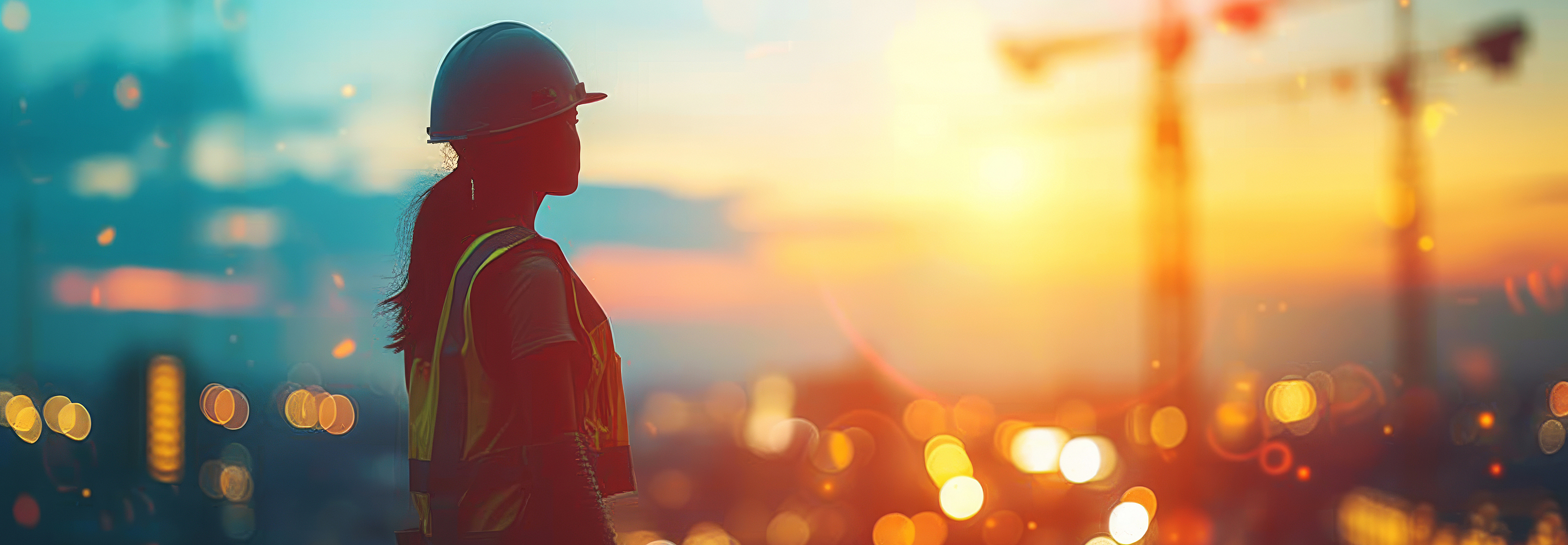 Eine Frau mit Warnkleidung und Schutzhelm schaut auf eine Baustelle im Sonnenuntergang.