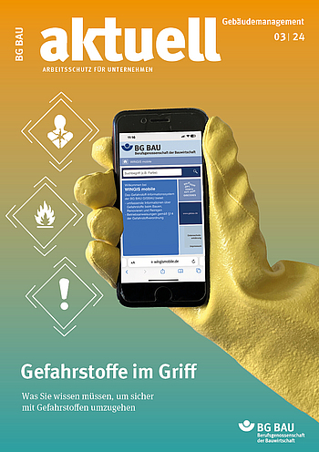Titelbild der Zeitschrift BG BAU aktuell 3-2024, Ausgabe Gebäudemanagement.