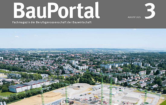 Titelseite der BauPortal 3/2025, welche die Rohbaustelle Klinikum Memmingen zeigt.