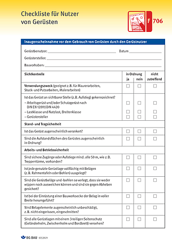 Titelbild Baustein F 706 Checkliste für Benutzer von Gerüsten