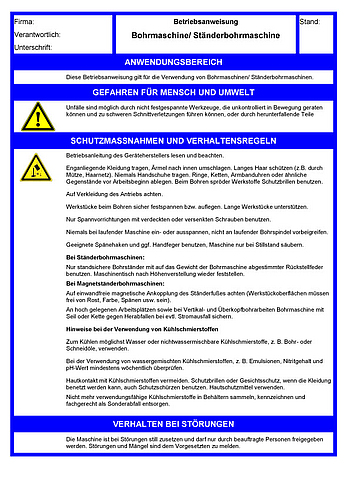 Betriebsanweisungen für Arbeitsmittel: Bohrmaschine / Ständerbohrmaschine