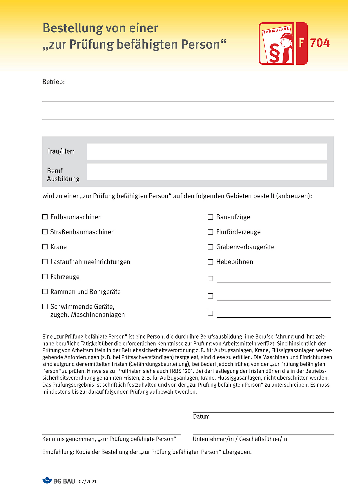 Bestellung von einer "zur Prüfung befähigten Person" BG BAU Berufsgenossenschaft der