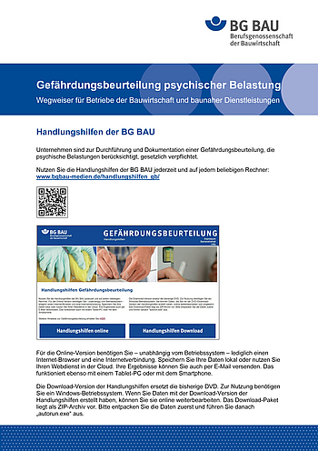 Flyer zur Gefährdungsbeurteilung psychischer Belastung: Wegweiser für Betriebe der Bauwirtschaft und baunaher Dienstleistungen.