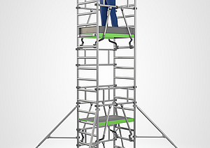 Eine Person steht auf einem mobilen Ein-Personen-Gerüst.