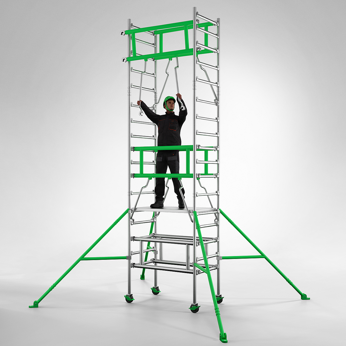 Eine Person steht auf einem mobilen Ein-Personen-Ger&uuml;st.