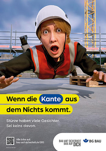 Eine Frau stürzt auf einer Baustelle. Auf dem Bild steht: Wenn die Kante aus dem Nichts kommt.