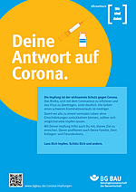 Blaues Plakat mit orangenem Kreis mit dem Text "Deine Antwort auf Corona"
