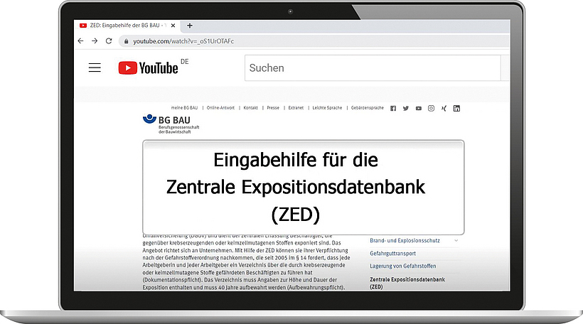 Auf einem Laptop ist eine YouTube-Vorschau zur Eingabehilfe für die Zentrale Expositionsdatenbank (ZED) zu sehen.