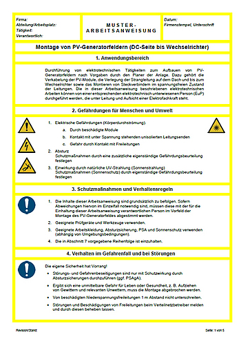 Muster-Arbeitsanweisung: Montage von PV-Generatorfeldern (DC Seite bis Wechselrichter)