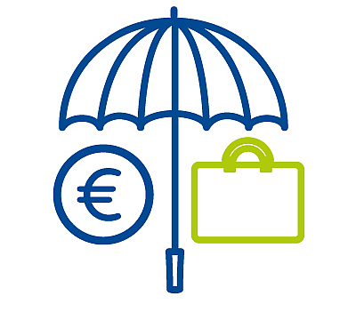 Piktogramm von einem Regenschirm unter dem ein Euro-Symbol und ein Koffer abgebildet sind.