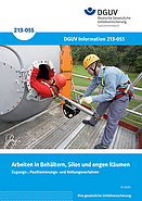 Zeigt das Titebild der DGUV Information 213-055 mit dem Thema: Arbeiten in Behältern, Silos und engen Räumen – Zugangsverfahren, Positionierungsverfahren und Rettungsverfahren.