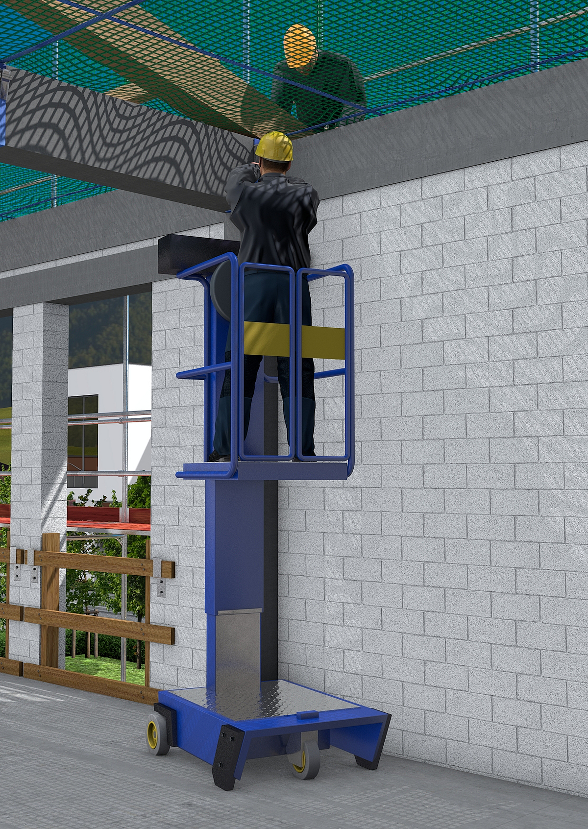 Ein Bauarbeiter bei Arbeit auf einer Kleinsthubarbeitsbühne.