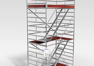 Darstellung einer mehrlagigen, fahrbaren Arbeitsbühne aus vorgefertigten (systemabhängigen) Bauteilen.