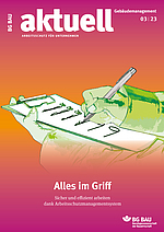 Cover BG BAU aktuell 3-2023, Ausgabe Rohbau, Tiefbau, Ausbau, Gebäudemanagement.