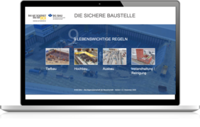 Laptop, auf dem die geöffnete Website zum Portal "Sichere Baustelle" zu sehen ist.