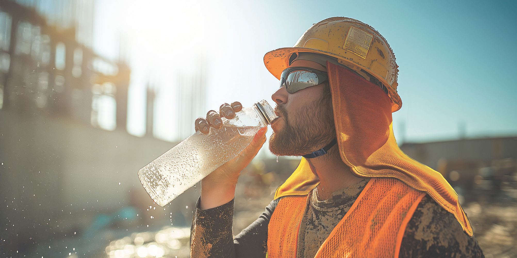 Ein Bauarbeiter trinkt Wasser auf einer Baustelle.