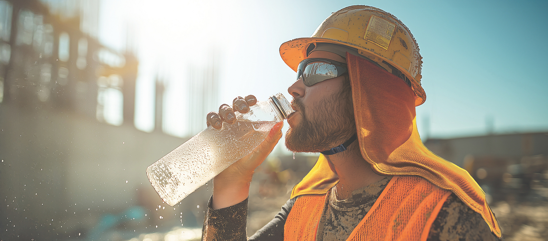 Ein Bauarbeiter trinkt Wasser auf einer Baustelle.