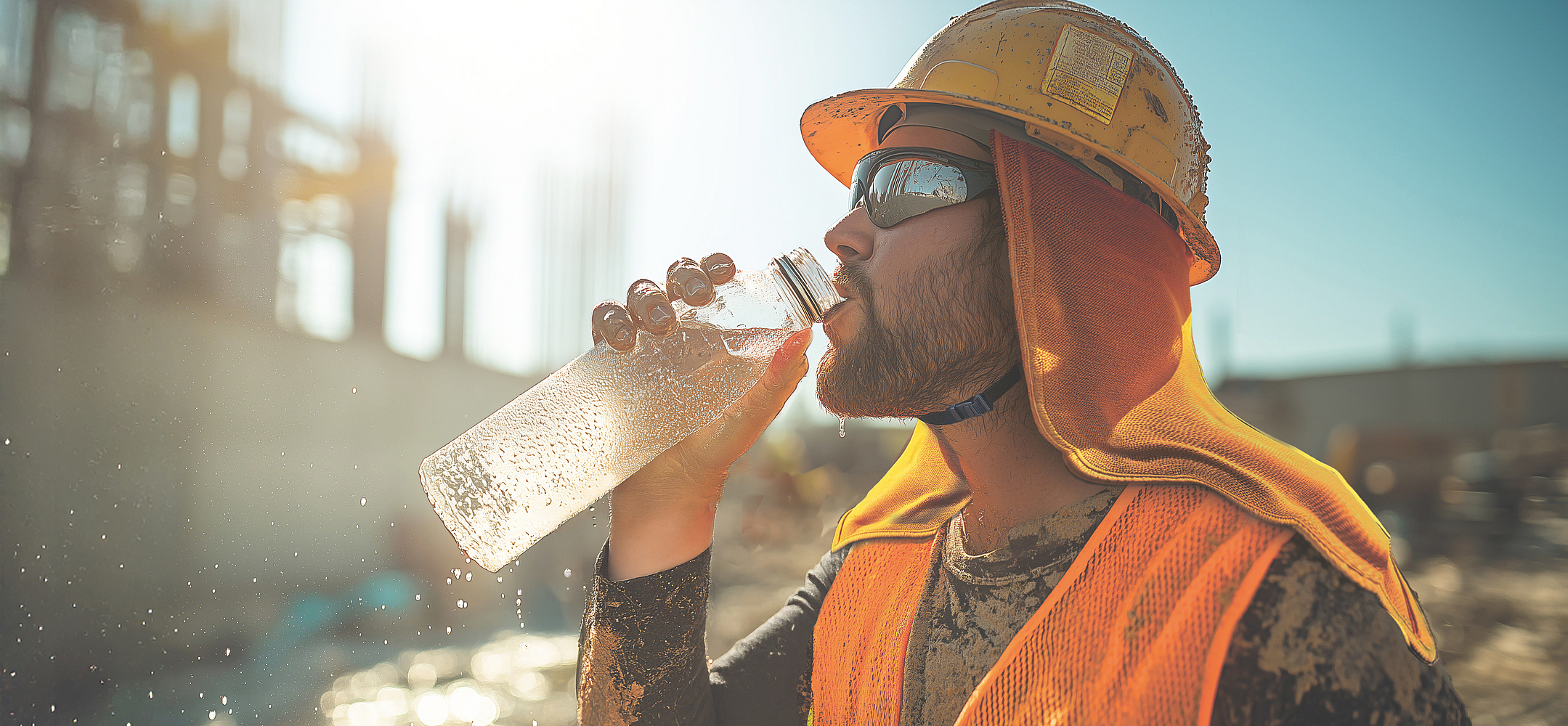 Ein Bauarbeiter trinkt Wasser auf einer Baustelle.