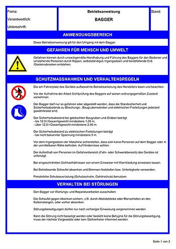 Betriebsanweisungen für Arbeitsmittel: Bagger