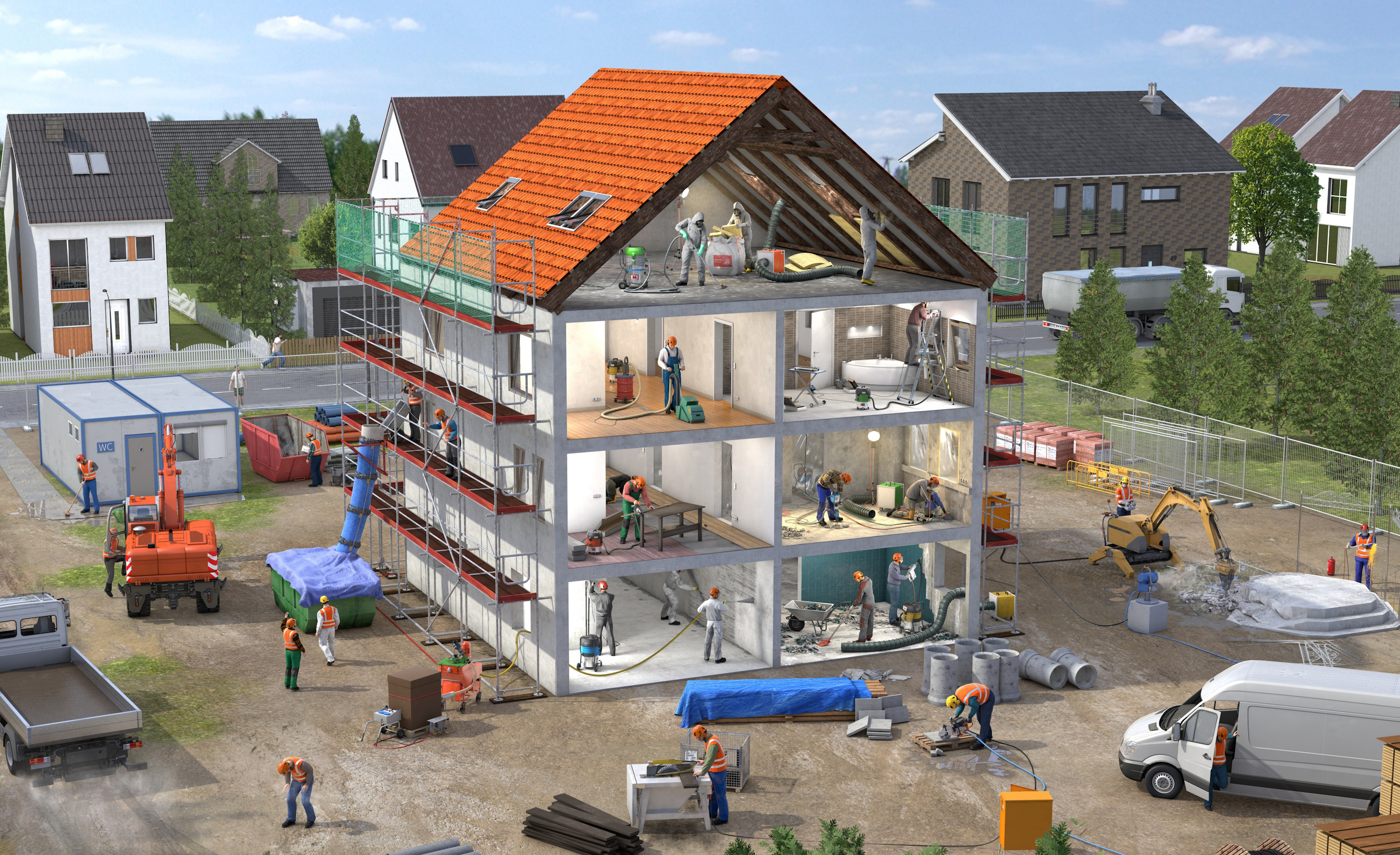 In einem Mehrfamilienhaus auf einer Baustelle werden sowohl in Innenr&auml;umen als auch im Au&szlig;enbereich Arbeitssituationen mit Staubbelastung bei der Arbeit gezeigt.