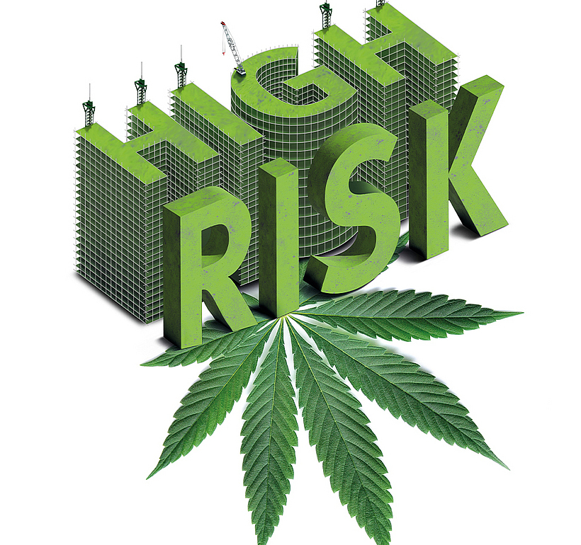 Plakat mit den Worten "High Risk" in Gebäudeform und einem Cannabis-Blatt.