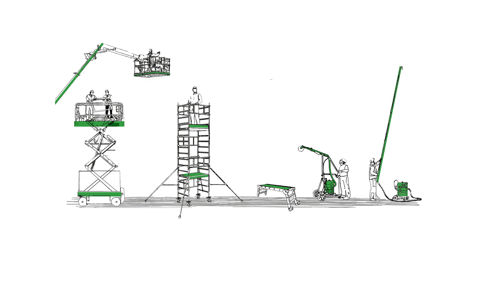Die Illustration zeigt verschiedene Arbeitsbühnen, Gerüste und Hebewerkzeuge für Höhenarbeiten, mit grün hervorgehobenen Elementen, die als Alternativen zu Leitern genutzt werden sollen.