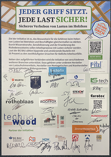 Plakat mit Unterschriften der Kooperationspartner von "Jede Last sicher".
