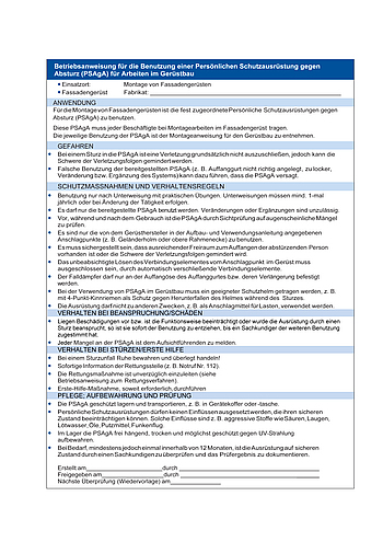 Betriebsanweisung für die Benutzung einer Persönlichen Schutzausrüstung gegen Absturz (PSAgA) für Arbeiten im Gerüstbau