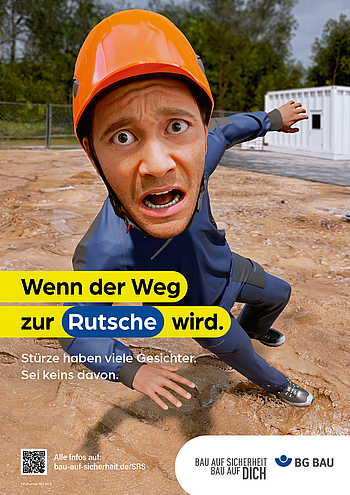 Ein Mann rutscht auf einer matschigen Fläche aus. Auf dem Bild stehen die Worte: Wenn der Weg zur Rutsche wird.