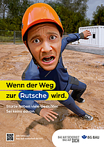 Ein Mann rutscht auf einer matschigen Fläche aus. Auf dem Bild stehen die Worte: Wenn der Weg zur Rutsche wird.