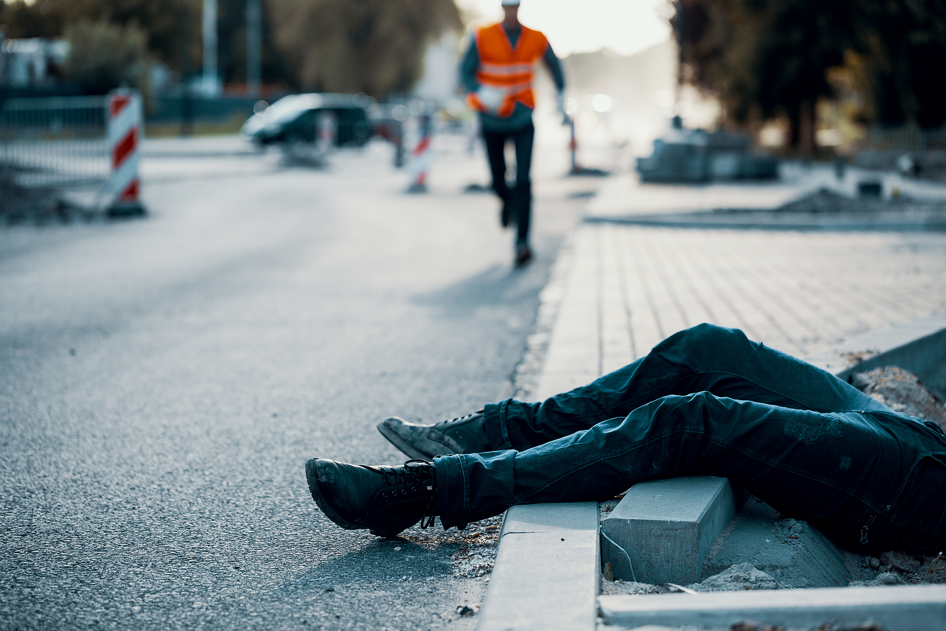 Eine verunglückte Person liegt auf der Straße. Es kommt ein Bauarbeiter zur Hilfe. Im Hintergrund sieht man eine Baustelle.