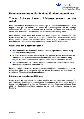 Kompetenzzentrum für Unternehmer - Fortbildung nach DGUV Vorschrift 2 "Heben und Tragen"