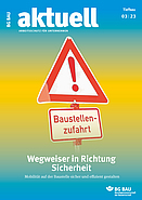 Cover BG BAU aktuell 3-2023, Ausgabe Rohbau, Tiefbau, Ausbau, Gebäudemanagement.