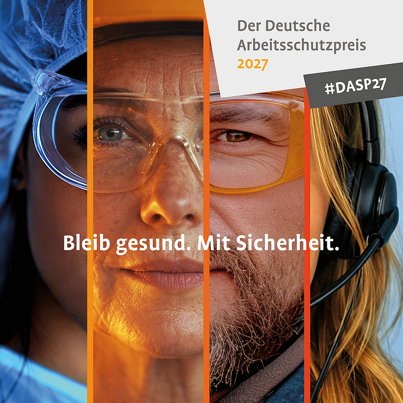 Pressebild des Deutschen Arbeitsschutzpreises 2027: Vier Personen aus verschiedenen Arbeitsbereichen - mit Fokus auf ihr Gesicht.