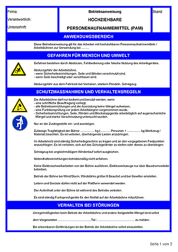 Betriebsanweisungen für Arbeitsmittel: Hochziehbare Personenaufnahmemittel (PAM)