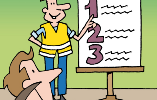 Illustration eines Mannes, der vor einer Tafel mit Zuh&ouml;rern steht und ein Pr&auml;senz-Seminare h&auml;lt.