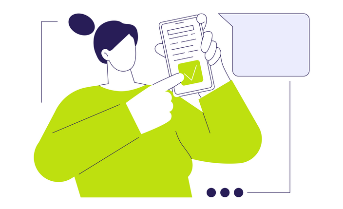 Illustration mit einer Frau, die sich bei meine BG BAU anmeldet und auf einen gr&uuml;nen Haken auf ihrem Handy-Bildschirm zeigt.