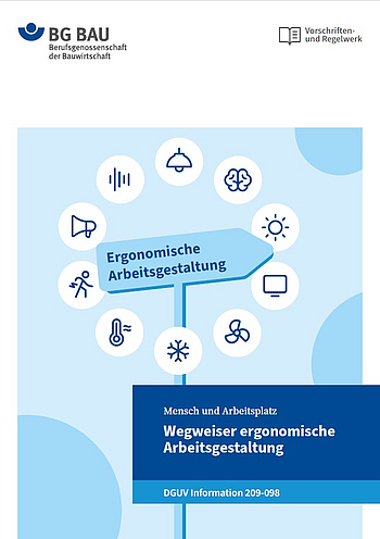 Titelbild der DGUV Information 209-098 Mensch und Arbeitsplatz: Wegweiser ergonomische Arbeitsgestaltung.