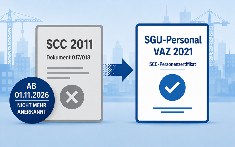 Grafik zum Wechsel von SCC 2011 auf SGU-Personal VAZ 2021. SCC-Personenzertifikate nach SCC 2011 werden ab 1. November 2026 nicht mehr anerkannt.